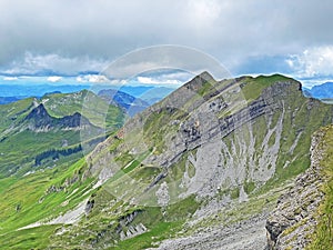 Alpine peak TwÃ¤riberg Twaeriberg or Twariberg of the mountain range First and in the Schwyz Alps mountain massif, Oberiberg