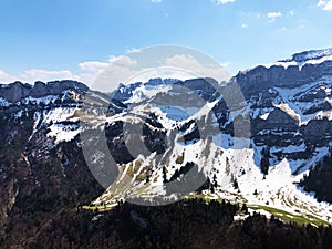 Alpine peaks Alp Sigel, Bogartenfirst and Schafberg in the Alpstein mountain range and in the Appenzellerland region
