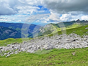 Alpine peaks Biet and SchÃÂ¼lberg Schuelberg or Schulberg of the mountain range First and in the Schwyz Alps mountain massif photo