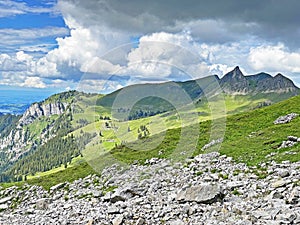 Alpine peaks Biet and SchÃÂ¼lberg Schuelberg or Schulberg of the mountain range First and in the Schwyz Alps mountain massif photo