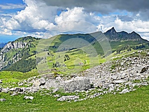 Alpine peaks Biet and SchÃÂ¼lberg Schuelberg or Schulberg of the mountain range First and in the Schwyz Alps mountain massif photo