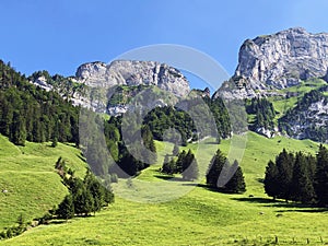 Alpine peaks Bogartenfirst and Schafberg in the Alpstein mountain range and in the Appenzellerland region