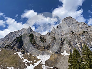 Alpine peaks Brisi and Zuestoll in the Churfirsten mountain range, between the Obertoggenburg region and Lake Walensee