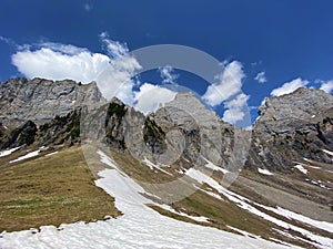 Alpine peaks Brisi, Zuestoll and Schibenstoll in the Churfirsten mountain range, between the Obertoggenburg region