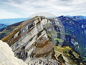 Alpine peaks in the Churfirsten mountain chain between Thur river valley and Walensee lake