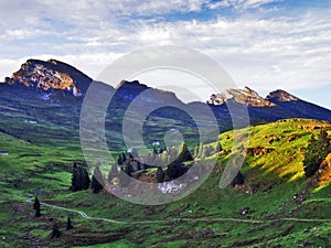 Alpine peaks in the Churfirsten mountain chain between Thur river valley and Walensee lake