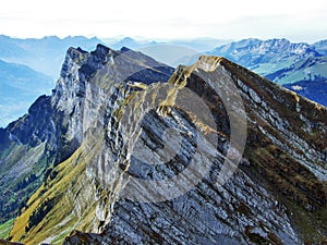 Alpine peaks in the Churfirsten mountain chain between Thur river valley and Walensee lake