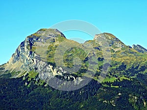 Alpine peaks Gauschla and Alvier in the in the Alvier Group mountain range and beyond the Rhine river valley, Sevelen