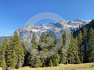 Alpine peaks Klimsenhorn, Esel, Tomlishorn and Widderfeld in the Mountain massif Pilatus or Mount Pilatus, Eigenthal