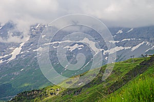 Alpine peaks landskape background. Jungfrau, Bernese highland. Alps, tourism, journey, hiking concept.