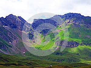 Alpine peaks Rotstock and Glogghues or Glogghus in the Uri Alps mountain massif, Melchtal - Canton of Obwald, Switzerland