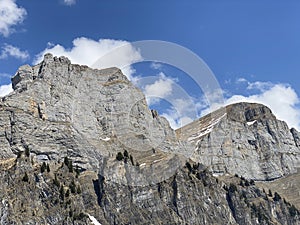 Alpine peaks Schibenstoll and Hinterrugg Hinderrugg in the Churfirsten mountain range, between the Obertoggenburg region