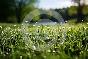 Alpine radiance Fresh green grass in meadow basks in sunlight