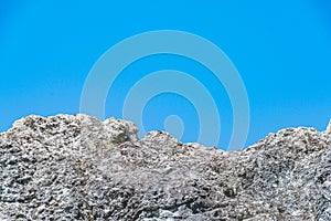 Alpine range on horizon. Structure of rocks with stones on slope. Silhouette of mountain line