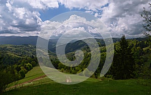 The alpine ridges of the Carpathian Mountains are surrounded by centuries-old forests on the background of the blue sky with white