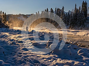 Alpine river on an extremely cold winter morning