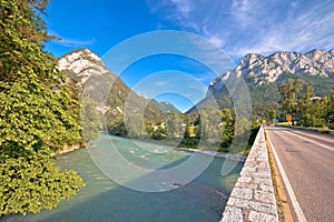 Alpine road and Saalach river in Bavarian Alps view