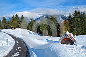 Alpine road in snow winter
