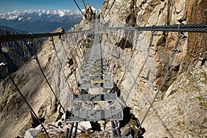 Alpine rope suspension bridge. Sentiero dei fiori, Tonale, Italy