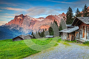 Alpine rural landscape with old wooden chalets,Grindelwald,Switzerland,Europe