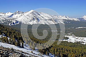Alpine scene with snow capped mountains in Yosemite National Park