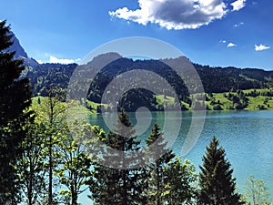 Alpine scenery of the Wagitalersee or Waegitalersee alpine Lake in the valley Wagital Waegital, Innerthal - Canton of Schwyz