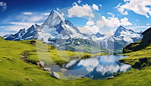 Alpine Serenity: Panoramic View of Mt. Schreckhorn and Wetterhorn at Bachalpsee, Swiss Alps