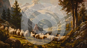 Alpine Shepherd: Tending Sheep Amidst Majestic Mountain Scenery