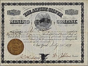 1879 The Alpine Silver Mining Company Stock Certificate