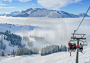 Alpine ski slope mountain winter panorama with ski lift