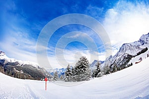 Alpine ski slope and view Mont-Blanc Chamonix Alps