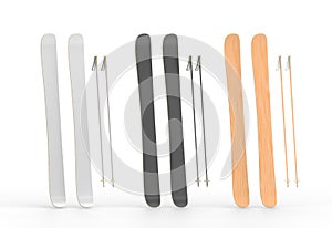 Alpine skiing with poles mockup. Realistic set of plastic white, black and wooden downhill ski isolated on background 3d