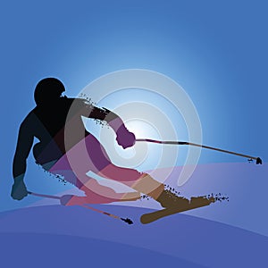 Alpine Skiing Silhouette isolated on blue background