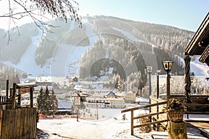 Alpine skiing tracks on winter mountains in Austria Semmering