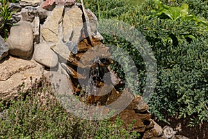 Alpine slide with stones, various ornamental plants and a waterfall