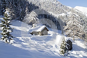 Alpine snow-covered hut