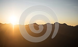 Alpine sunset mountain layers nature landscape panorama from Brewster Hut West Coast Otago Southern Alps New Zealand