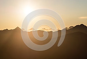 Alpine sunset mountain layers nature landscape panorama from Brewster Hut West Coast Otago Southern Alps New Zealand photo