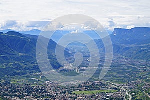 alpine valley of city Merano surrounded by Texel group mountains (Oetztaler Alpen, South Tyrol, Italy)