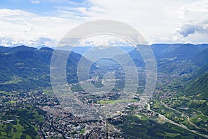 alpine valley of city Merano surrounded by Texel group mountains (Oetztaler Alpen, South Tyrol, Italy)