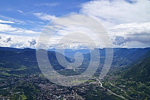 alpine valley of city Merano surrounded by Texel group mountains (Oetztaler Alpen, South Tyrol, Italy)