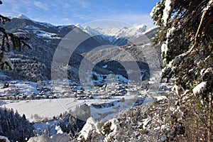 Alpine village of Bondo Sella Giudicarie, Trentino Alto Adige snow covered. Italy.