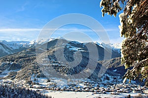 Alpine village of Bondo Sella Giudicarie, Trentino Alto Adige snow covered. Italy.