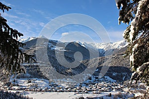 Alpine village of Bondo Sella Giudicarie, Trentino Alto Adige snow covered. Italy.