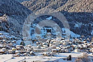 Alpine village of Bondo Sella Giudicarie, Trentino Alto Adige snow covered. Italy.