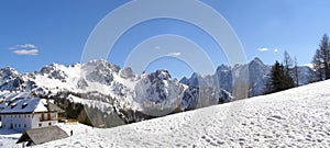 Alpine village and mountains panorama