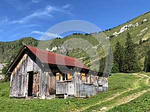 The Alpine village of Vorder Ahornenin in a Oberseetal mountain valley and in the Glarnerland tourist region, Nafels Naefels