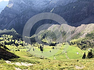 The Alpine village of Vorder Ahornenin in a Oberseetal mountain valley and in the Glarnerland tourist region, Nafels Naefels