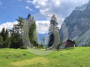 The Alpine village of Vorder Ahornenin in a Oberseetal mountain valley and in the Glarnerland tourist region, Nafels Naefels