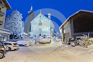 Alpine village in winter. Macugnaga, Italy, famous ski resort